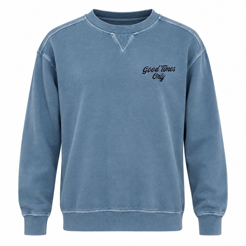 Goodfellow Mens Medium Faded Blue 'Good Times Only' Crew Neck Cotton Sweatshirt
